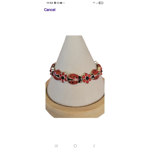 Y2K Red Enamel Ladybug Bracelet Silver Tone Rhinestone Flower Charm Stretch 7” - Picture 2 of 7